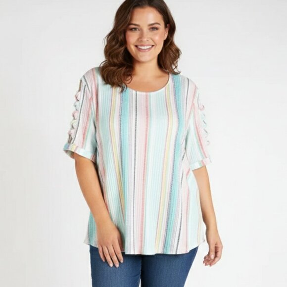 Above And Beyond Tops - Above & Beyond 3X Pastel Stripe Lattice Sleeve Top